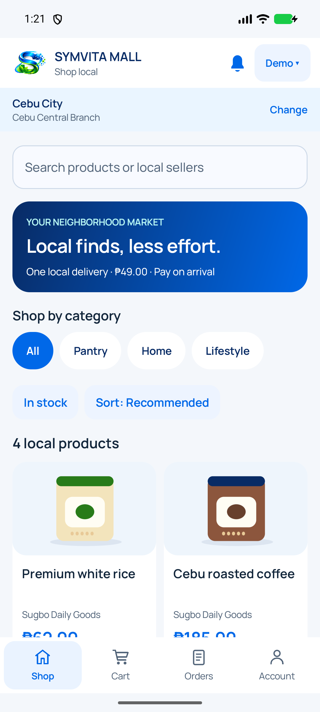 Symvita Shopping preview showing local products, category filters, search and cart navigation